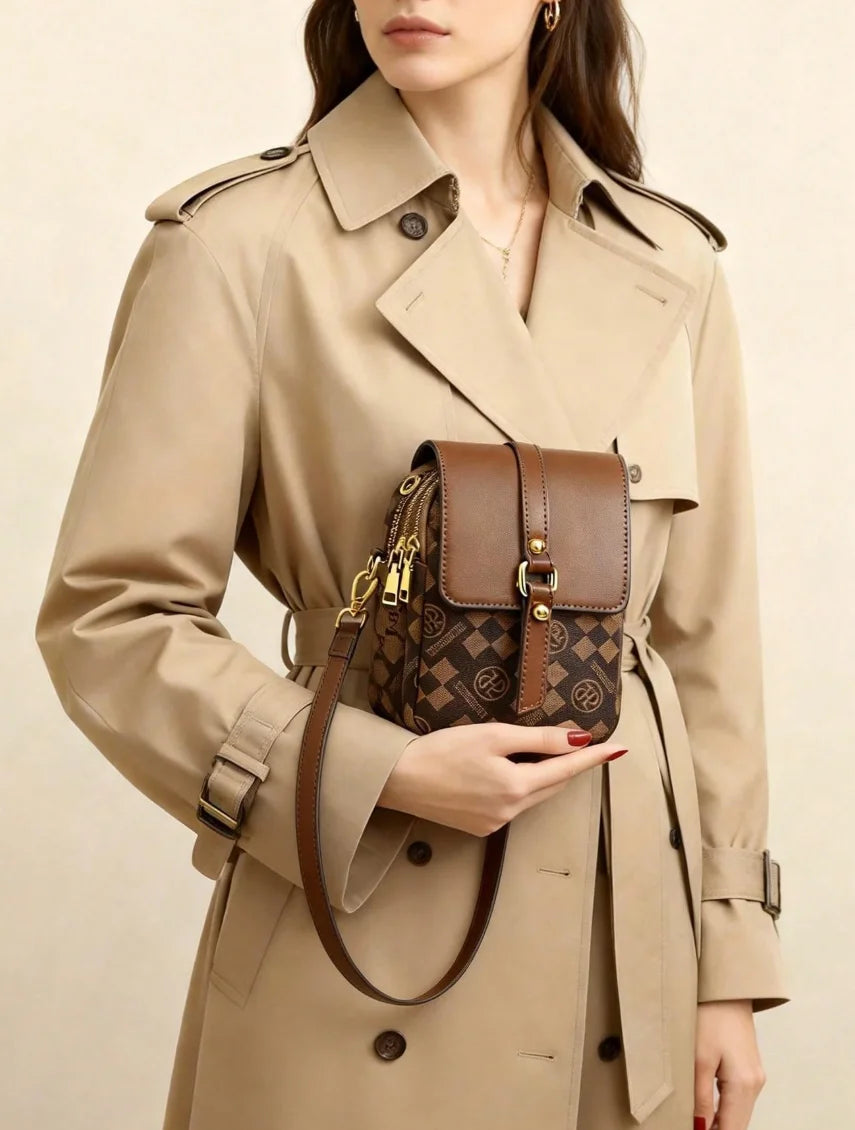 Classic plaid contrasting small shoulder bag with double compartments for storing phone, lipstick, and keys