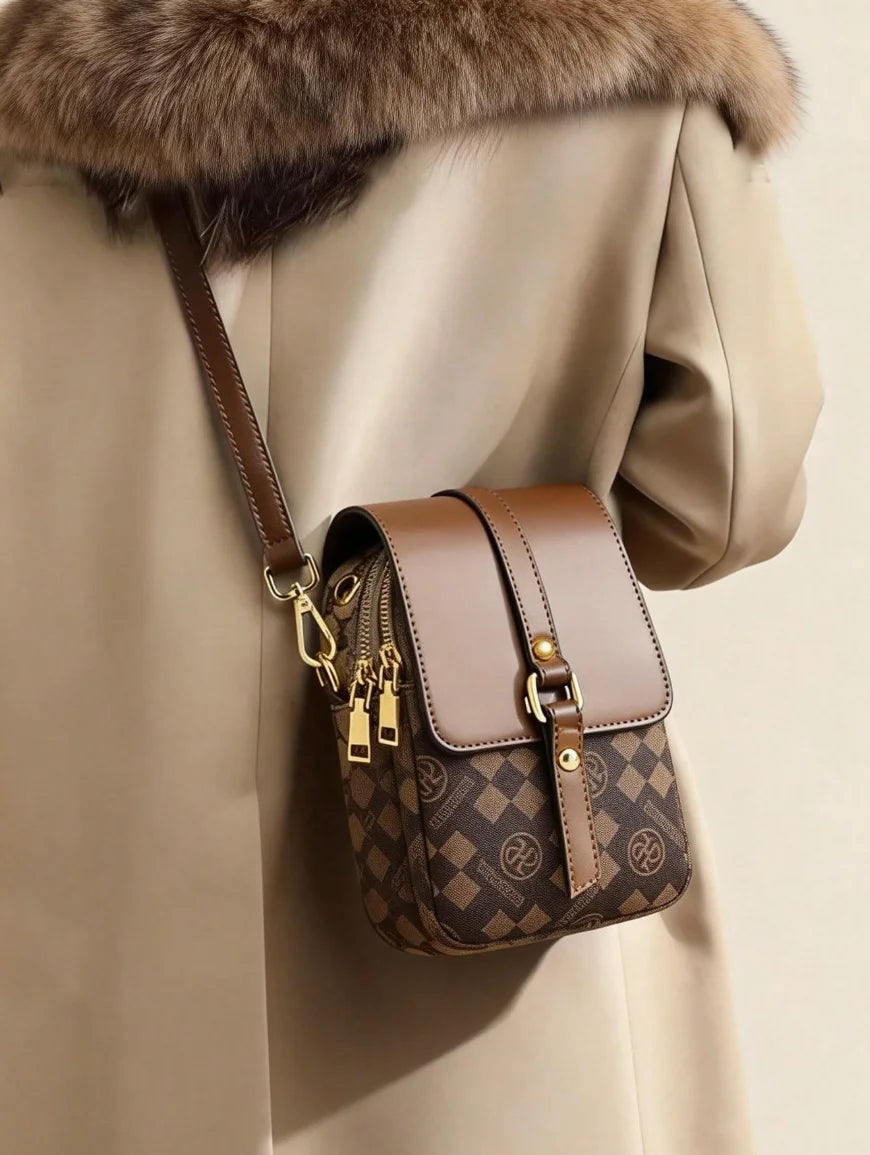 Classic plaid contrasting small shoulder bag with double compartments for storing phone, lipstick, and keys