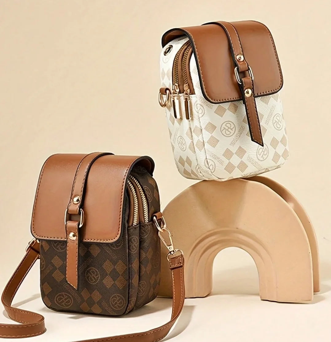 Classic plaid contrasting small shoulder bag with double compartments for storing phone, lipstick, and keys